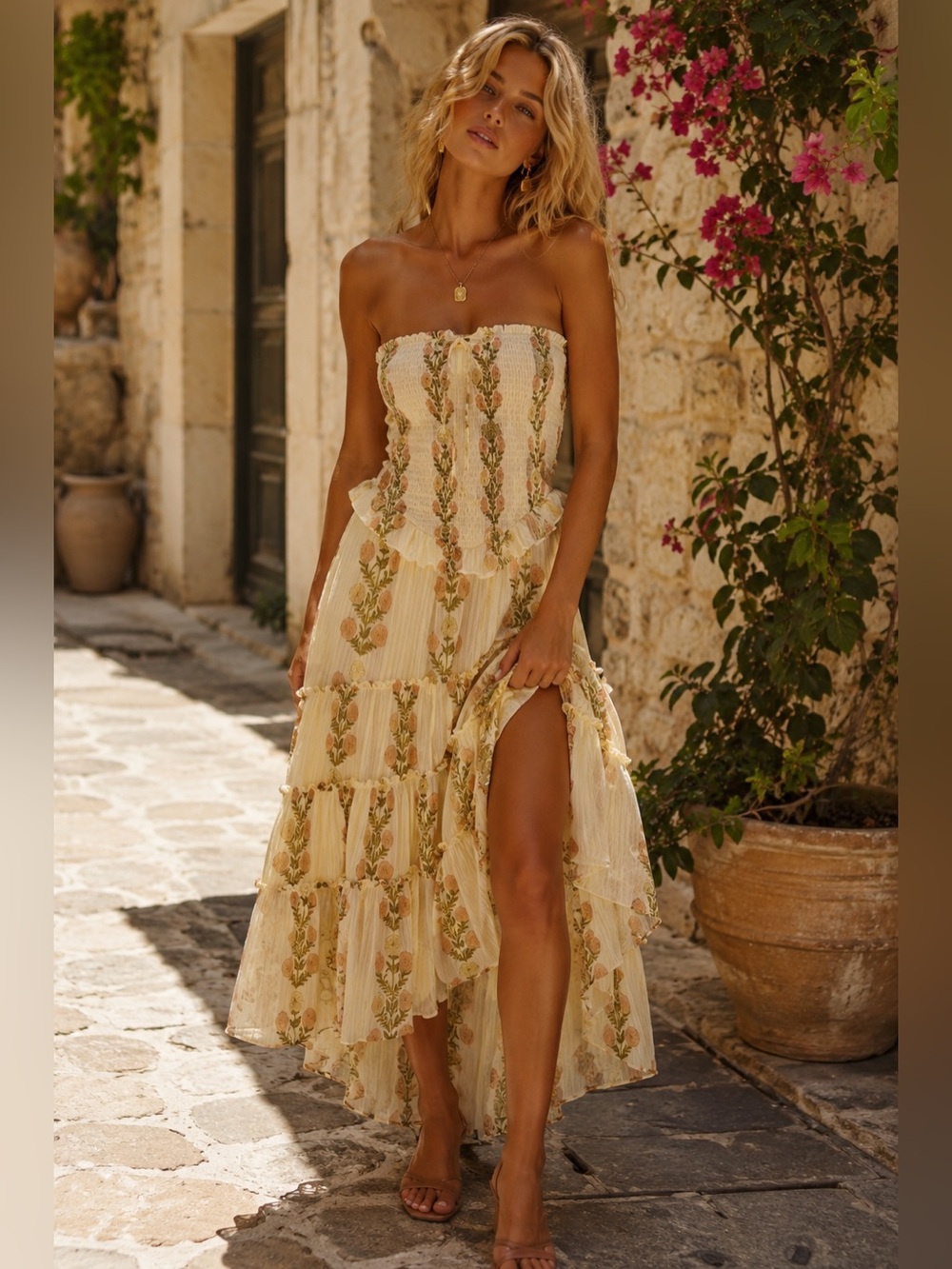 Free People Alejandra Midi Dress L NWT Ivory Floral Smocked Boho Maxi Strapless